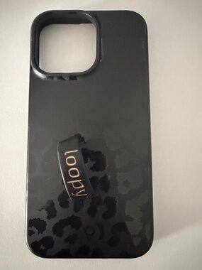 Loopy Case Black Leopard Print Case with Gold Accent Loop for IPhone 14 Pro Max.